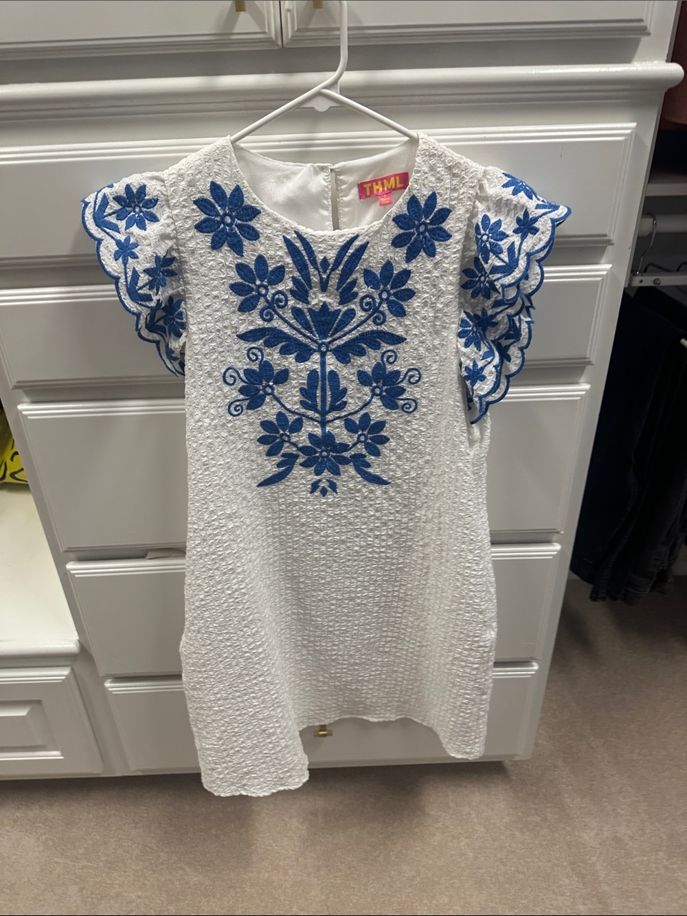 THML White Dress with Blue Floral Embroidery